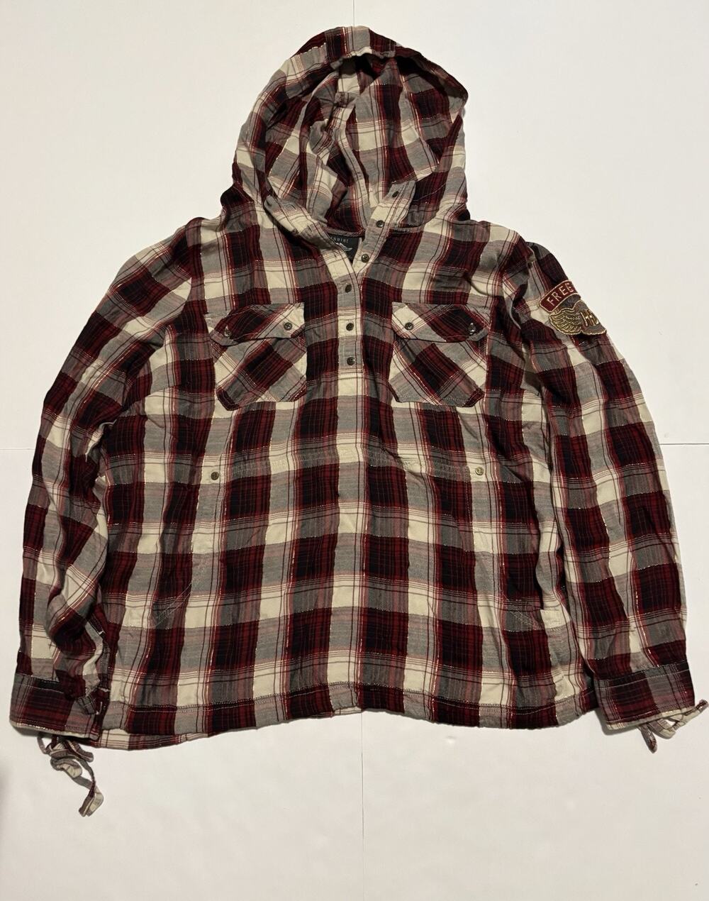 Harley Davidson Womens 1W Plaid Hooded Shirt Free Spirit Patch Red Flannel